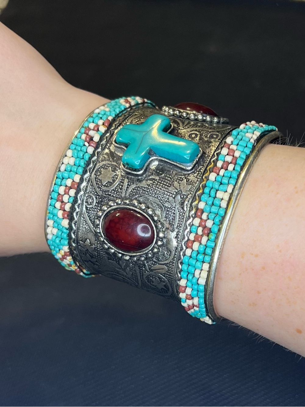 Turquoise Cross Beaded Cuff Bracelet - Women Jewelry